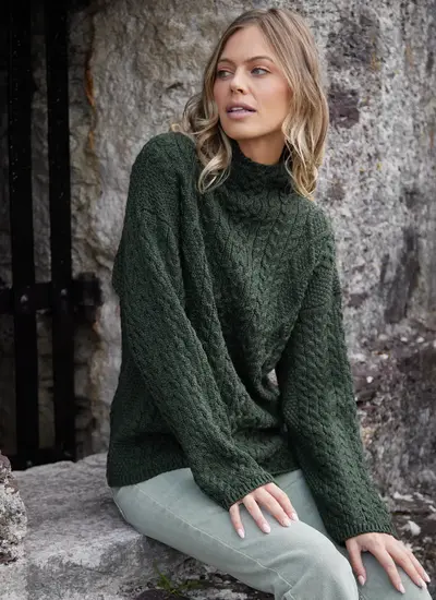 Ava Aran Funnel Neck Sweater in Army Green Irish Made Blarney Woollen Mills